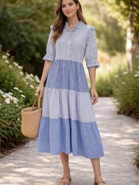 Blue White Seersucker Gingham‎ Ruffle Tiered Prairie Cottagecore Maxi Dress S/M